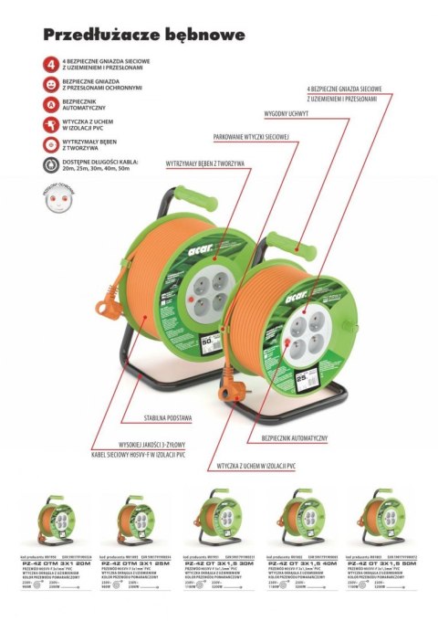 Przedłużacz bębnowy Acar M01950 20m pomarańczowy