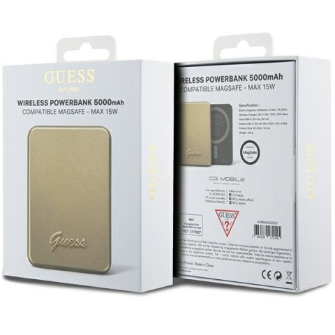 Guess Powerbank indukcyjny 15W GUPBM5ALGSGD 5000mAh złoty/gold MagSafe Metal Script Logo