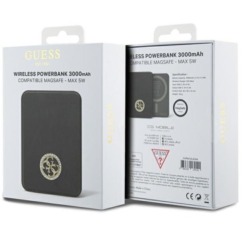 Guess Powerbank indukcyjny 5W GUPBM3AL4DMK 3000mAh czarny/black MagSafe 4G Strassed Metal Logo