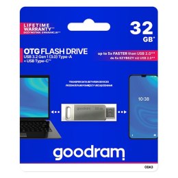 Goodram USB flash disk, USB 3.0, 32GB, ODA3, srebrny, ODA3-0320S0R11, USB A / USB C, z obrotową osłoną