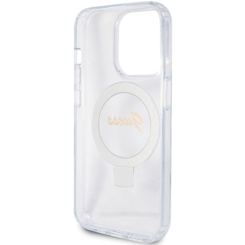 Guess GUHMP15LHRSGSD iPhone 15 Pro 6.1" przezroczysty/transparent hardcase Ring Stand Script Glitter MagSafe