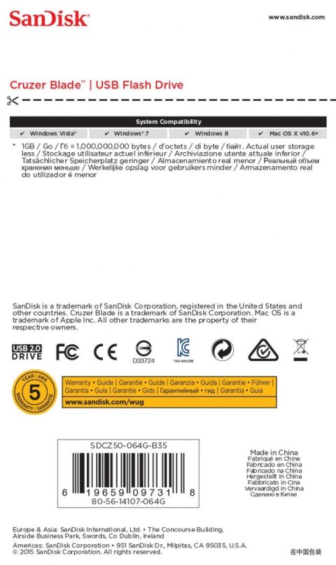 Pendrive SanDisk Cruzer Blade SDCZ50-064G-B35 (64GB; USB 2.0; kolor czarny)
