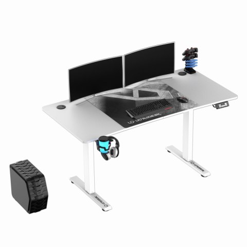 ULTRADESK Biurko dla gracza LEVEL V2 WHITE, 140x68cm, 72-117cm, elektycznie regulowany, z podkładką pod mysz XXL, uchwyt na słuc