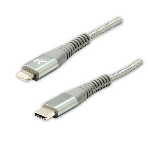 Logo USB kabel (2.0), USB C (M) - Apple Lightning M, 2m, MFi certifikat, 5V/3A, srebrny, box, oplot nylonowy, aluminiowa osłona 