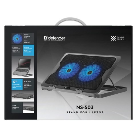 Stojak pod notebook, NS-503, podświetlenie, 18 cm wentylator, czarno-niebieski, DEFENDER, z 2-portowym hub-em