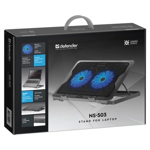 Stojak pod notebook, NS-503, podświetlenie, 18 cm wentylator, czarno-niebieski, DEFENDER, z 2-portowym hub-em