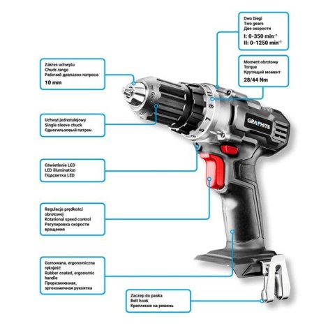 Wkrętarka, zestaw akumulatorów i ładowarkazasilanie akumulatorem, 58G000-SET1, 18V, 3 elementy, Graphite