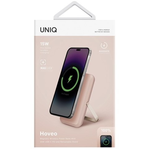 UNIQ Powerbank Hoveo 5000mAh USB-C 20W PD Fast charge Wireless Magnetic różowy/blush pink
