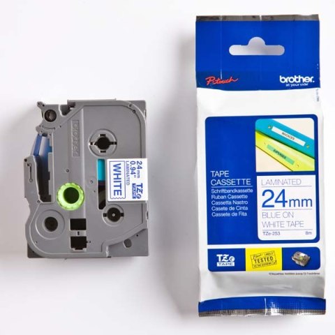 Brother oryginalny taśma do drukarek etykiet, Brother, TZE-253, niebieski druk/biały podkład, laminowane, 8m, 24mm