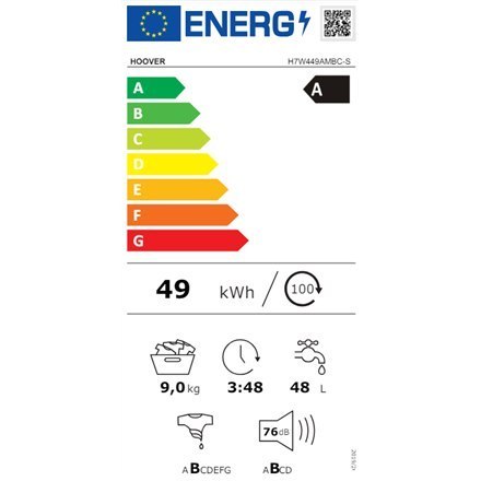 Hoover | Pralka | H7W449AMBC-S | Klasa efektywności energetycznej A | Ładowanie od przodu | Pojemność prania 9 kg | 1400 obr/min Hoover | Pralka | H7W449AMBC-S | Klasa efektywności energetycznej A | Ładowanie od przodu | Pojemność prania 9 kg | 1400 obr/min