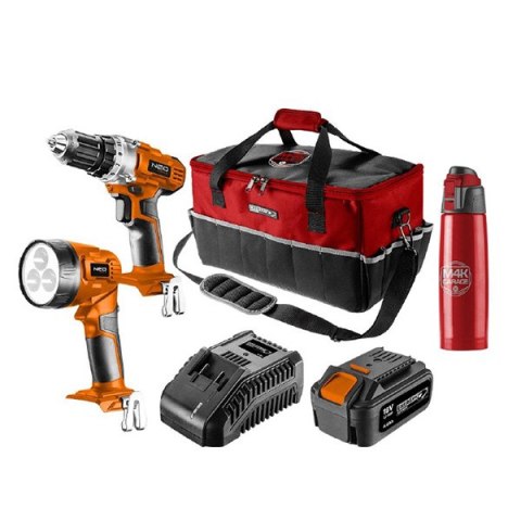 Zestaw narzędzizasilanie akumulatorem, 04-600-M4K, wiertarka/latarka/bateria/ładowarka/termos/torba, 18V, 6 elementów, Neo Tools