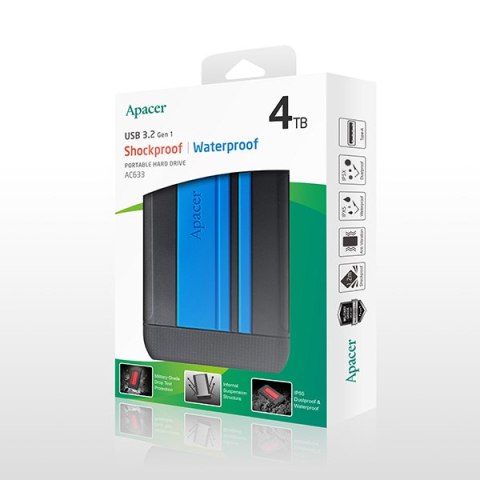 Apacer zewnętrzny dysk twardy, AC633, 2.5", USB 3.0 (3.2 Gen 1), 4TB, AP4TBAC633U-1, niebieski, wstrząsoodporny, odporny na kurz