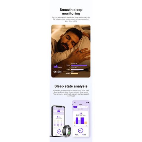 Smart RING złoty, pomiar ciśnienia, tętno, monitorowanie snu, 8", Powerton