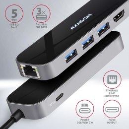 Wieloportowy HUB USB-C 3.2 Gen 1, HDMI + 3x USB-A + LAN(RJ45) + PD 100W Axagon HMC-6GL
