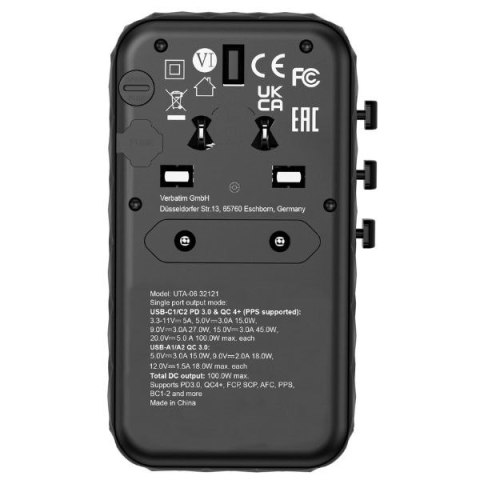 Verbatim Adapter podróżny EU/UK/US GaN 2xUSB-A/2xUSB-C PD 100W UTA-06 czarny/black 32121