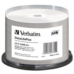 Verbatim CD-R, 43745, DataLife PLUS, 50-pack, 700MB, 52X, Professional, 80min., 12cm, Wide Inkjet Professional, Printable, cake 