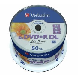 Verbatim DVD+R, 97693, DataLife PLUS, 50-pack, 8.5GB, 8x, 12cm, General, Double Layer, cake box, Wide Printable Surface Inverse 