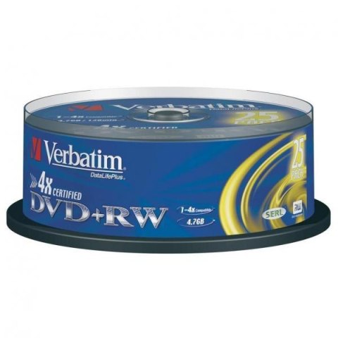 Verbatim DVD+RW, 43489, DataLife PLUS, 25-pack, 4.7GB, 4x, 12cm, General, Standard, cake box, Scratch Resistant, bez możliwości 