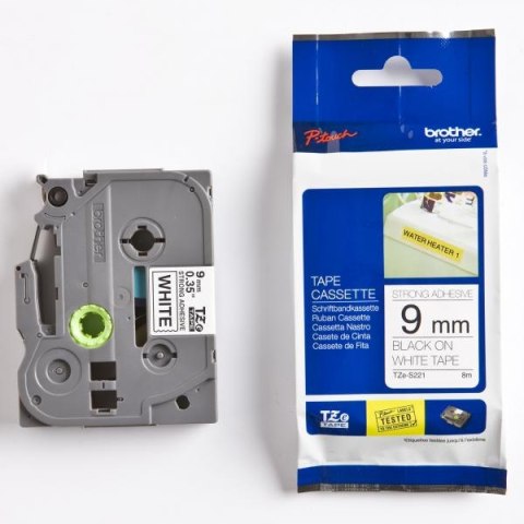Brother oryginalny taśma do drukarek etykiet, Brother, TZE-S221, czarny druk/biały podkład, laminowane, 8m, 9mm, mocny klej