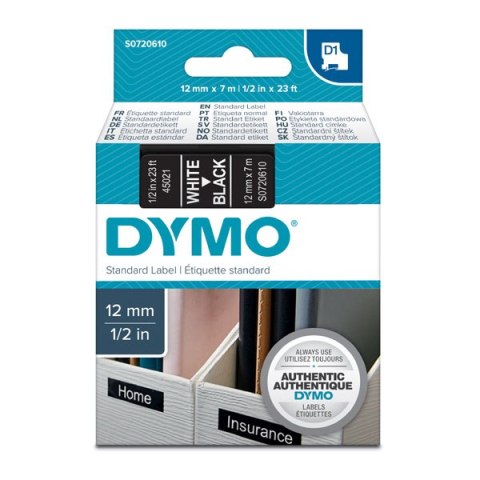 Dymo oryginalny taśma do drukarek etykiet, Dymo, 45021, S0720610, biały druk/czarny podkład, 7m, 12mm, D1