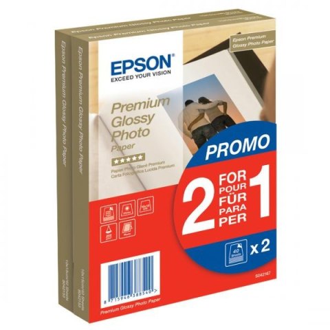 Epson Premium Glossy Photo Pa, foto papier, promo 1+1 gratis typ połysk, biały, 10x15cm, 4x6", 255 g/m2, 2x40 szt., C13S042167,