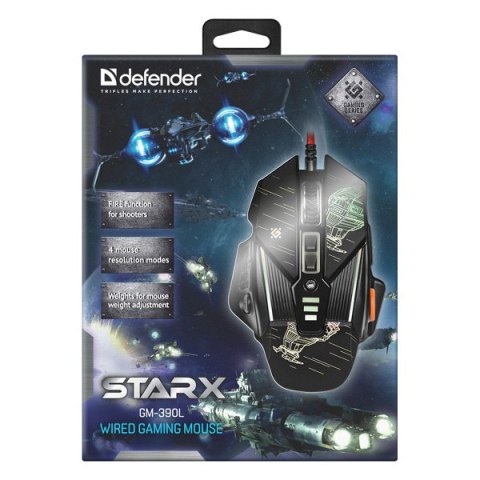 Defender Mysz sTarx GM-390L, 3200DPI, optyczna, 8kl., 1 scroll, przewodowa USB, czarna, gamingowa, edytor makr, ciężarki,, podśw