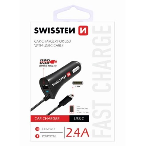 SWISSTEN, USB C - ładowarka samochodowa, 1x USB C+ USB port 12V, 5V, 2400mA, do ładowania telefonów komórkowych i GPS, czarna