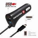 SWISSTEN, USB C - ładowarka samochodowa, 1x USB C+ USB port 12V, 5V, 2400mA, do ładowania telefonów komórkowych i GPS, czarna