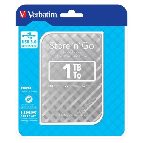 Verbatim zewnętrzny dysk twardy, Store N Go, 2.5", USB 3.0 (3.2 Gen 1), 1TB, 53197, srebrny