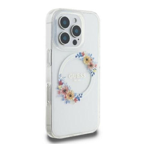Guess GUHMP16SHFWFCT iPhone 16 6.1" przeźroczysty/transparent hardcase IML Flowers Wreath MagSafe