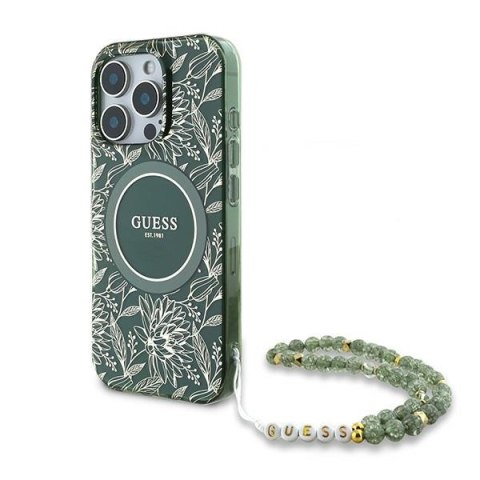 Guess GUHMP16LHCPOFPA iPhone 16 Pro 6.3" zielony/green hardcase IML Flowers Allover Electro With Pearl Strap MagSafe