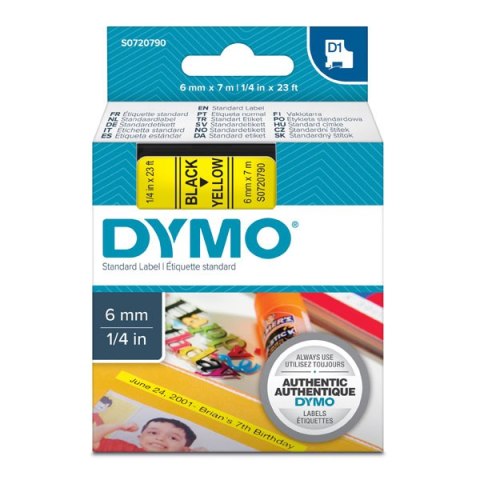 Dymo oryginalny taśma do drukarek etykiet, Dymo, 43618, S0720790, czarny druk/żółty podkład, 7m, 6mm, D1