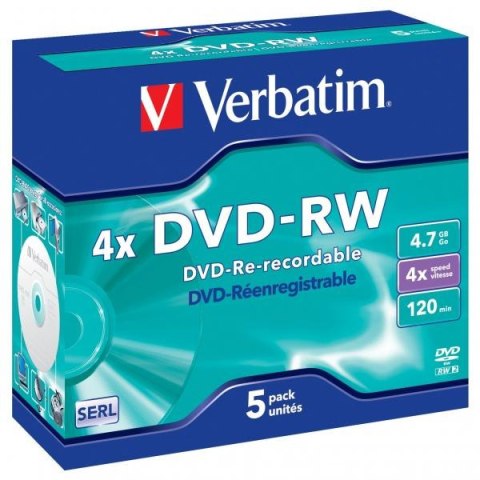 Verbatim DVD-RW, 43285, DataLife PLUS, 5-pack, 4.7GB, 4x, 12cm, General, Serl, jewel box, Scratch Resistant, bez możliwości nadr