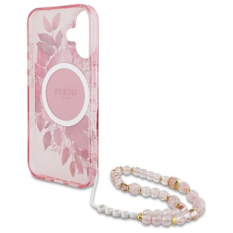 Guess GUHMP16SHFWBRCESP iPhone 16 6.1" różowy/pink hardcase IML Flowers With Pearl Strap MagSafe