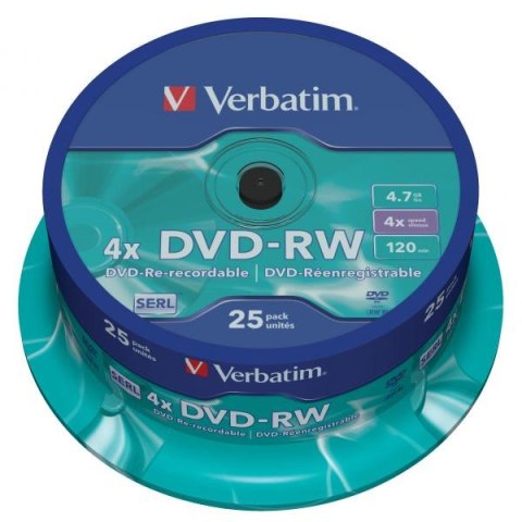 Verbatim DVD-RW, 43639, DataLife PLUS, 25-pack, 4.7GB, 4x, 12cm, General, Serl, cake box, Scratch Resistant, bez możliwości nadr