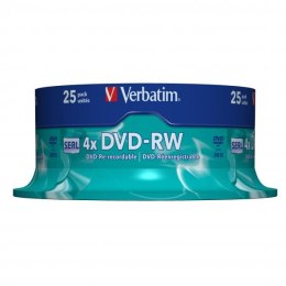 Verbatim DVD-RW, 43639, DataLife PLUS, 25-pack, 4.7GB, 4x, 12cm, General, Serl, cake box, Scratch Resistant, bez możliwości nadr