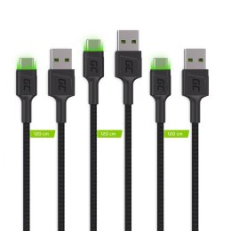 GREEN CELL ZESTAW KABLI KABGCSET02 3X KABEL GC RAY USB - USB-C 120CM, ZIELONY LED