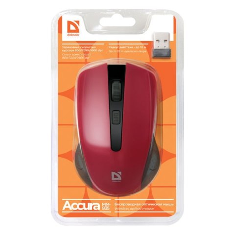 Defender Mysz Accura MM-935, 1600DPI, 2.4 [GHz], optyczna, 4kl., 1 scroll, bezprzewodowa, czerwona, 2 szt AAA, nano-odbiornik, z