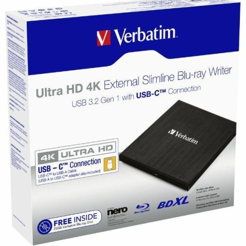 Verbatim Zewnętrzna nagrywarka Slimline Blu-ray Ultra HD 4K + kabel USB-C/USB-A czarny/black 43888