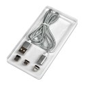 Magnetyczny klabel USB (2.0), USB A M- magnetické koncovky (typ C+lightning+microUSB), 1m, przewód okrągły w oplocie, srebrny