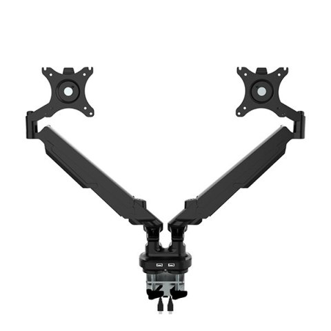 Regulowany uchwyt na 2 monitory, 2-9KG, mocowanie na zacisk, 17"-32", USB HUB, 75x75/100x100, czarny
