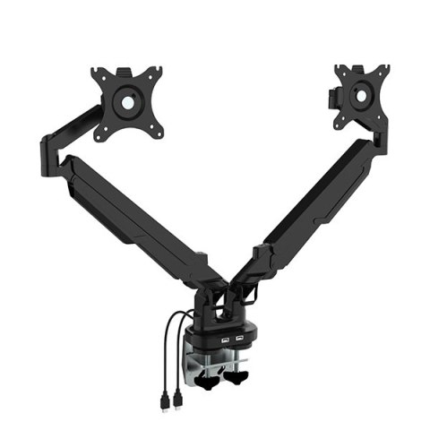 Regulowany uchwyt na 2 monitory, 2-9KG, mocowanie na zacisk, 17"-32", USB HUB, 75x75/100x100, czarny
