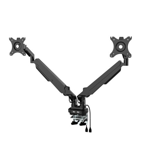Regulowany uchwyt na 2 monitory, 2-9KG, mocowanie na zacisk, 17"-32", USB HUB, 75x75/100x100, czarny