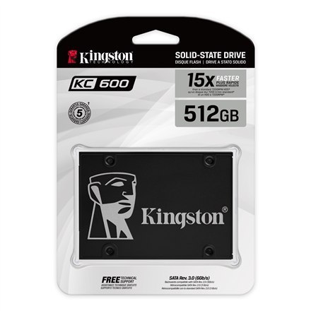Kingston | KC600 | 512 GB | Format dysku SSD 2,5" | Interfejs SSD SATA | Prędkość odczytu 550 MB/s | Prędkość zapisu 520 MB/s