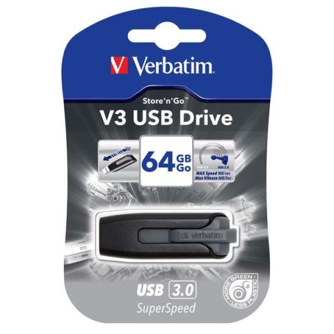 Verbatim USB flash disk, USB 3.0 (3.2 Gen 1), 64GB, V3, Store N Go, czarny, 49174, USB A, z wysuwanym złączem