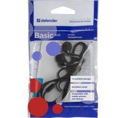 Słuchawki douszne DEFENDER BASIC 603 (1.1m /3.5 mm minijack wtyk/Czarno-srebrny)