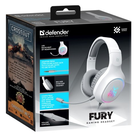 Defender FURY, Gaming Headset, słuchawki z mikrofonem, przewodowabiała, 2.0, 40 mm przetworniki typ 3.5 mm jack + rozdvojka