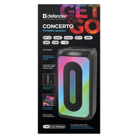 Defender głośnik CONCERTO, Li-Ion, 2.0, 20W, czarny, regulacja głośności, LED, BT 5.3, TWS, 60Hz~20kHz