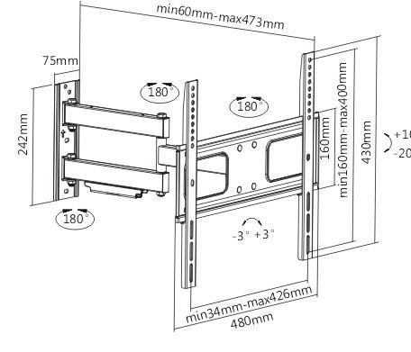 Sunne | Uchwyt ścienny | 23-42-EAX2 | Pełny ruch | 32-55 " | Maksymalna waga (udźwig) 50 kg | Czarny