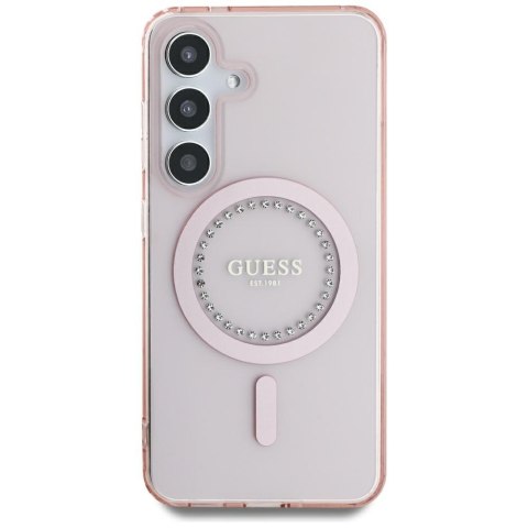 Etui Guess Rhinestones Printed Classic Logo MagSafe Samsung Galaxy S25 różowy